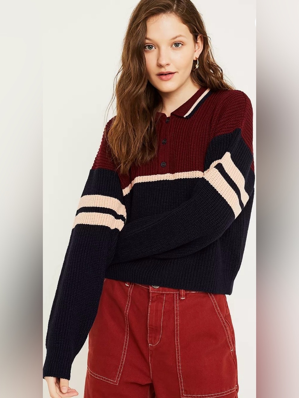 Urban Outfitters Burgundy, Navy & Blush Colorblock Polo Sweater Sz S